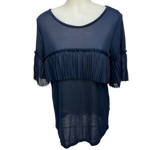 BANANA REPUBLIC Top Size M Navy Sheer a Ruffled Sleeves Pleated Scoop Pu…